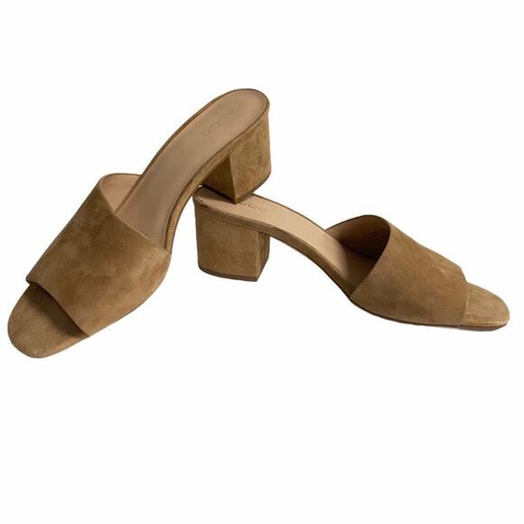 Women’s Sz 10 ALDO Tan Suede Slip On Slides Heels - Picture 3 of 8